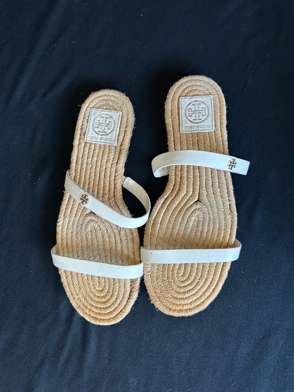 Tory Burch White Leather Double-Strap Espadrille Slide Sandals